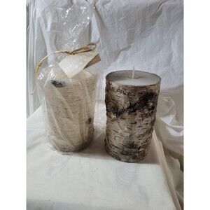 2 Birch Bark Flameless Pillar Candles, Flickering Rustic Battery